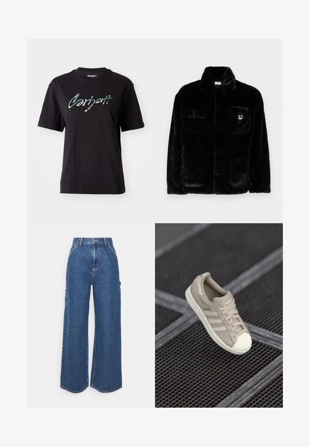Must have kunstkarva jope kraega, kahe esikotiga ja väikese logo kleebisega vasakul ülal. Pehme tekstuur ja lõdva lõikega.; Must must värvitud T-särk lühikeste varrukatega, millel on läikiv roheline trükk "Carhartt" rinnal. Klassikaline ümar kaelus.; Laiene jalad sinised denim püksid kõrge vöökohaga, kontrastsete õmblustega ja küljetaskutega, klassikalise viie taskuga disainiga ja toore servaga.; Bež Adidase Superstar tennis, mille tekstuuriga nahast ülemine osa, kolm külgmist triipu, ümmargune varbapea ning logo keele ja kontsaplaanil.