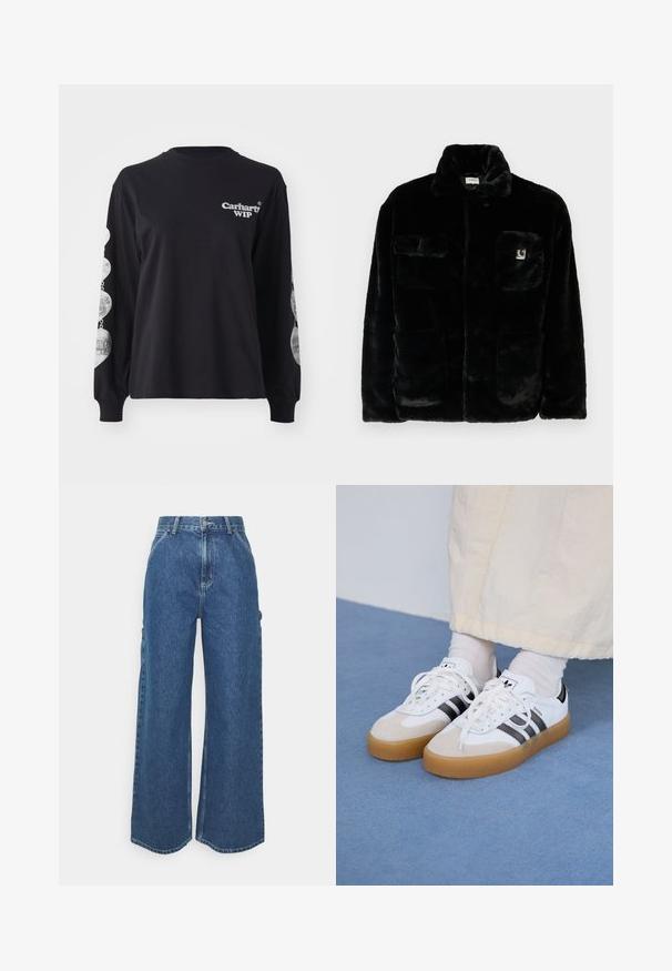 Juodas dirbtinio kailio švarkas su apykakle, dviem priekinėmis kišenėmis ir mažo logotipo užkulniu viršuje kairėje pusėje. Minkšta tekstūra ir laisvas kirpimas.; Juoda ilgomis rankovėmis marškinėliai, pagaminti iš medvilnės, su "Carhartt WIP" logotipu priekyje ir grafika ant rankovių.; Plačios mėlynos džinsinės kelnes su aukštu juosmeniu, kontrastingais siūlais ir šoninėmis kišenėmis, turinčios klasikinį penkių kišenių dizainą ir brutalius kraštus.; Baltos sportbačiai su noir juostomis ir šviesiai rudos zomšos akcentais. Yra tekstūruota gumos padas ir plokščiomis baltomis raištelėmis, dėvimi su šviesiai spalvotomis kojinėmis.