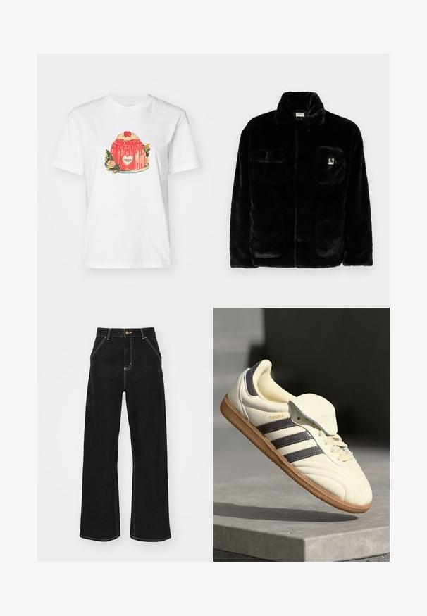 Black faux fur jacket with a collar, two front pockets, and a small logo patch on the upper left side. Soft texture and relaxed fit.; White cotton t-shirt featuring a colorful illustration of a dessert with a cherry on top and floral accents, centered on the front.; Black wide-leg jeans made of denim, featuring contrasting white stitching and a front button closure, with two angled front pockets.; Cream leather sneaker with three dark stripes, a brown gum outsole, and a rounded toe. Features a foldable tongue labeled "SAMBA."