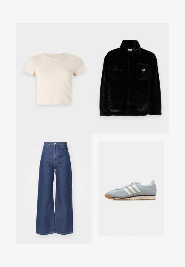 Melnā mākslīgā kažokādas jaka ar apkakli, divām priekšējām kabatām un mazu logo uzlīmi augšējā kreisajā pusē. Mīksta tekstūra un brīva piegriezuma.; Bēša īsā krekla T-krekls, izgatavots no ribota auduma, ar apaļu kakla izgriezumu un īsām piedurknēm. Priekšpusē ir neliels kontrastējošs logotips.; Plati cimdi no tumši zilas denim auduma. Augsta jostas dizains ar rāvējslēdzēju un pogu aizdari. Iekļauj klasisko piecu kabatu stilu un apstrādātas malas.; Gaiši zili zamša sporta apavi ar baltām trim svītrām, gumijas zoli un teksturētu sietu. Ietver gludu purngalu un zīmolu uz papēža.