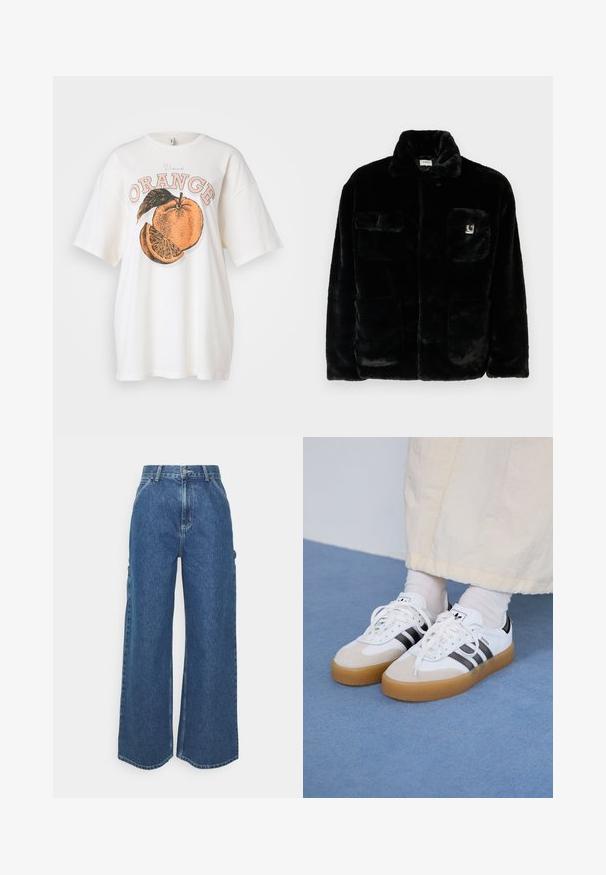 Black faux fur jacket with a collar, two front pockets, and a small logo patch on the upper left side. Soft texture and relaxed fit.; White cotton t-shirt featuring a large orange graphic with a slice and green leaf. Text "Vand ORANGE" in peach and black print above the design.; Wide-leg blue denim trousers with a high waist, contrasting stitching, and side pockets, featuring a classic five-pocket design and raw hems.; White sneakers with black stripes and beige suede accents. Feature a textured gum sole and flat white laces, worn with light-colored socks.