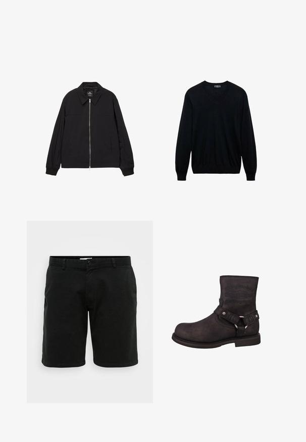 Schwarze leichte Jacke mit Reißverschluss, Kragen, elastischen Bündchen und Seitentaschen. Glatte Textur mit minimaler Detailierung.; Schwarzer, langärmeliger V-Ausschnitt-Pullover mit gerippten Bündchen und Saum, auf einem weißen Hintergrund präsentiert.; Schwarze Baumwollshorts mit geradem Schnitt. Mit Knopfverschluss und Gürtelschlaufen. Glatte Textur und leicht über dem Knie.; Schwarzer Leder-Motorradstiefel mit runder Zehenform, Knöchelhöhe und sichtbarem Branding. Verfügt über einen Riemen mit einem Metallring und silbernen Hardware-Akzenten.