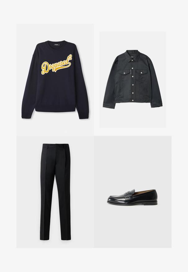 Zwarte denimjas met een knoopsluiting aan de voorkant, twee borstzakken met kleppen, zilverkleurige hardware en een klassieke kraag. Gladde textuur, kort model.; Marineblauwe trui van zachte stof, met een groot geel geborduurd "Dsquared²" logo op de voorkant, ribbelkraag, boorden en zoom.; Zwarte formele broeken van een gladde stof, met een recht model, plooien aan de voorkant en een standaard tailleband zonder versieringen.; Zwarte leren loafers met een gladde afwerking, rond de teen, decoratieve stiksels en een kleine metalen accent op de voorkant.