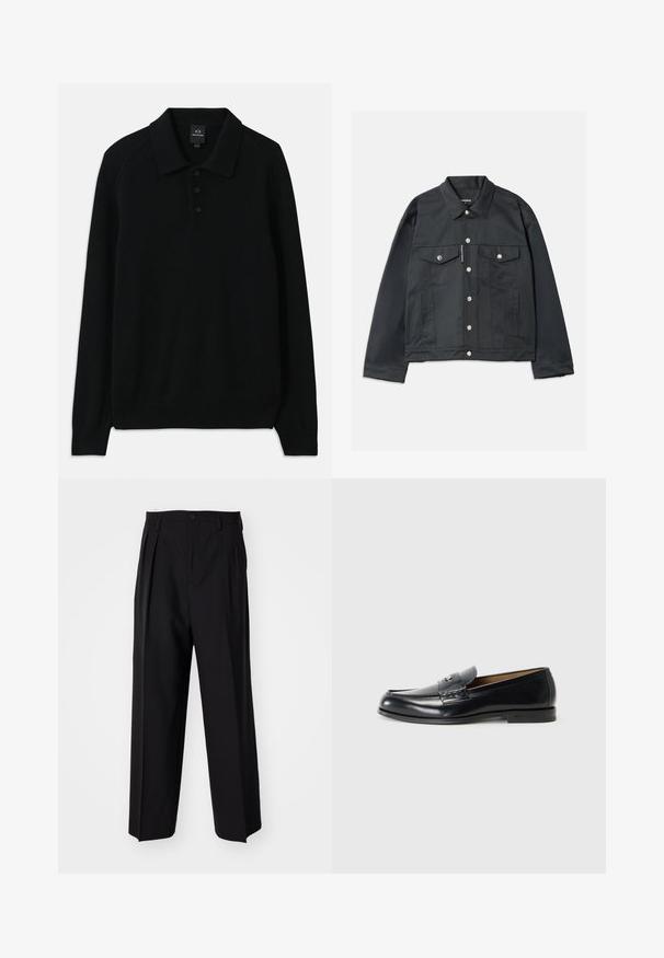 Juodas džinsinis švarkas su mygtukų užsegimu, dviem krūtinės kišenėmis su dangteliais, sidabro spalvos detalėmis ir klasikinio stiliaus apykakle. Lygus audinys, sutrumpintas siluetas.; Juodas megztinis su apykakle, trijų mygtukų užsegimu ir ribotu nėriniu. Turi ilgomis rankovėmis ir tekstūruotą audinį.; Juodi klostuoti kelnių, su tiesiu, plačiu kojų dizainu. Pagaminti iš lygios medžiagos, su mygtukų uždarymu ir diržo kilputėmis.; Juoda odinė loaferių pora su lygaus paviršiaus, apvalia nosimi, dekoratyvine siūle ir maža metaline detale priekyje.