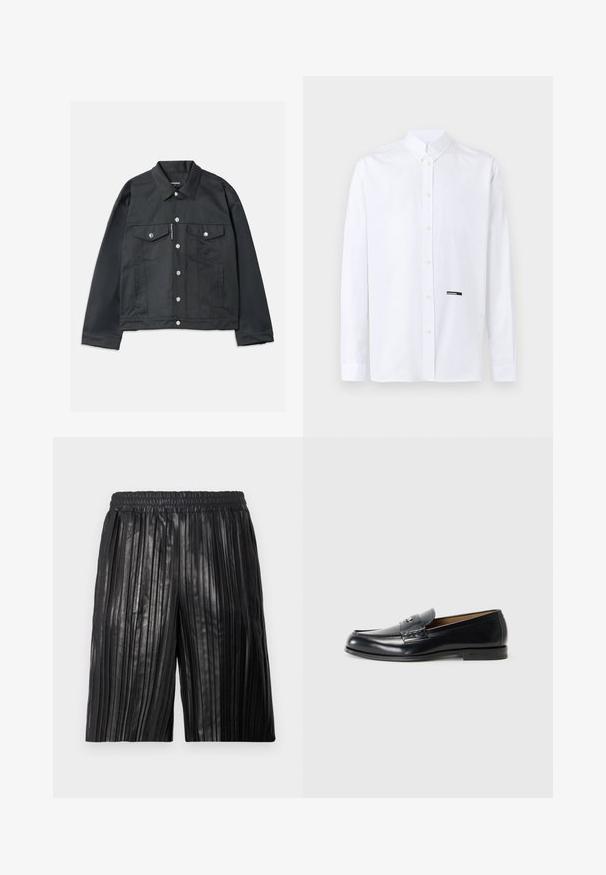 Veste en denim noir avec une fermeture à boutons sur le devant, deux poches poitrine avec rabat, quincaillerie argentée et col classique. Texture lisse, coupe courte.; Chemise blanche à manches longues avec col classique et petite étiquette noire "DSQUARED2" près de la patte de boutonnage inférieure.; Shorts plissés noirs avec une ceinture élastique, fabriqués dans un matériau brillant, présentant des rainures verticales pour une texture et un style.; Mocassins en cuir noirs avec une finition lisse, bout arrondi, couture décorative et un petit accent métallique à l'avant.