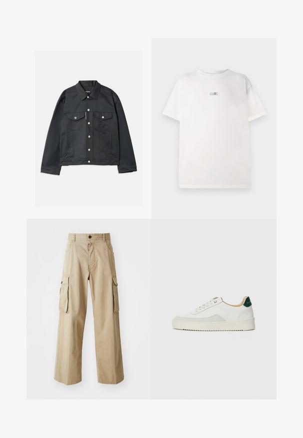 Sort denimjakke med knaplukning fortil, to brystlommer med klapper, sølvfarvet hardware og klassisk krave. Glat tekstur, kort model.; Hvid bomuld t-shirt med et lille trykt mærke i midten. Korte ærmer og en afslappet pasform med en glat overflade.; Beige cargo bukser lavet af bomuld, med et bredt ben-design, to store sidelommer og en knaplukning i taljen.; Hvide sneakers med ruskindsdetaljer, rund tå, flade snørebånd og en cremet gummisål. Har grøn branding på hælen.