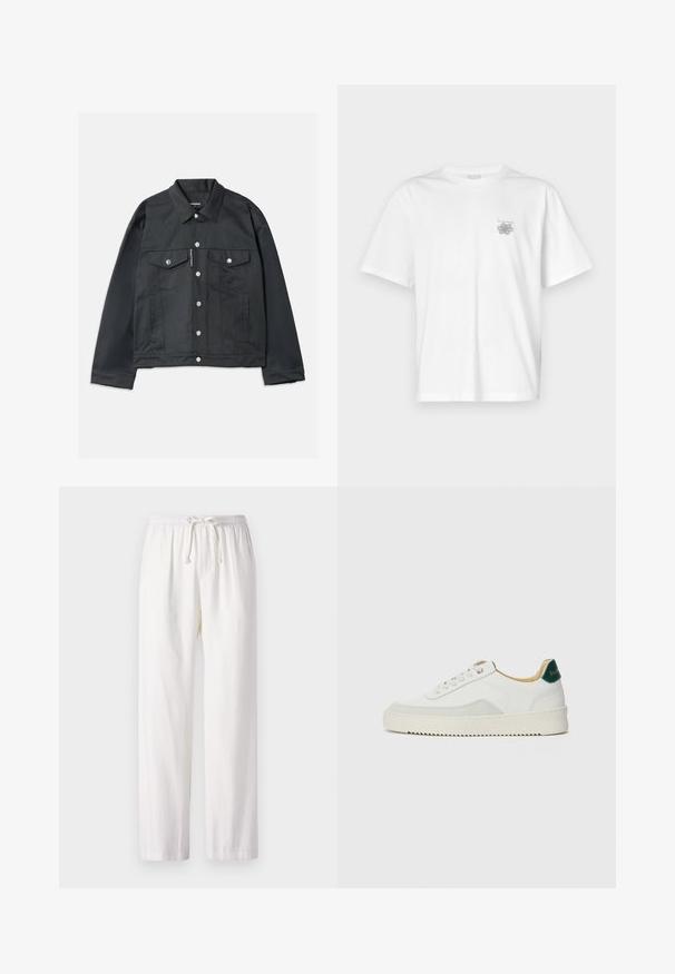 Sort denimjakke med knaplukning fortil, to brystlommer med klapper, sølvfarvet hardware og klassisk krave. Glat tekstur, kort model.; Hvid t-shirt lavet af bomuld med korte ærmer, rund halsudskæring og et lille gråt logo på venstre brystområde. Glat tekstur.; Hvide, letvægts bukser med elastisk taljebånd og snøre. Lige ben design med en glat tekstur. Ingen mønstre eller accenter.; Hvide sneakers med ruskindsdetaljer, rund tå, flade snørebånd og en cremet gummisål. Har grøn branding på hælen.