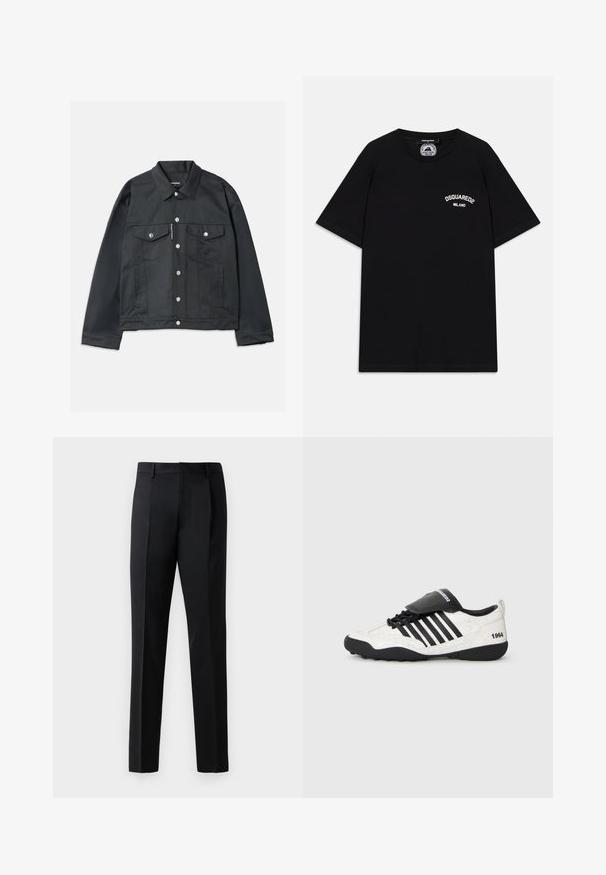 Zwarte denimjas met een knoopsluiting aan de voorkant, twee borstzakken met kleppen, zilverkleurige hardware en een klassieke kraag. Gladde textuur, kort model.; Zwarte katoenen T-shirt met korte mouwen, met een wit "DSQUARED2 MILANO" logo op de borst. Crew neck ontwerp, gladde textuur.; Zwarte formele broeken van een gladde stof, met een recht model, plooien aan de voorkant en een standaard tailleband zonder versieringen.; Sneaker met een witte gekraakte textuur, zwarte accenten, vijf horizontale strepen en een zwarte gewatteerde tong met het label "1984." Zwarte rubberen zool.