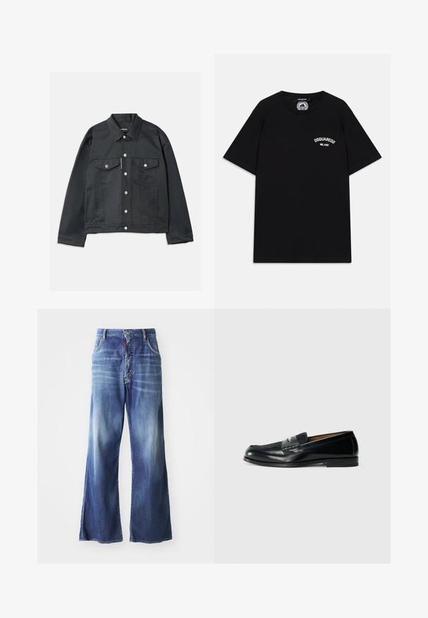 Črna kavbojka jakna z zapenjanjem na gumb, dvema žepoma na prsih s poklopcem, srebrnimi zakovicami in klasičnim ovratnikom. Gladka tekstura, skrajšan kroj.; Črna bombažna majica s kratkimi rokavi, s belim logotipom "DSQUARED2 MILANO" na prsih. Oblika s krožnim ovratnikom, gladka tekstura.; Široke modre kavbojke iz jeansa z bledim pranjem, zasnovo s petimi žepi in sprednjim zapiranjem na gumb z kontrastnim rdečim poudarkom.; Črne usnjene loafer čevlje z teksturirano zgornjico, pletenim poudarkom in gladkim zaključkom. Nizek profil pete in minimalističen dizajn.
