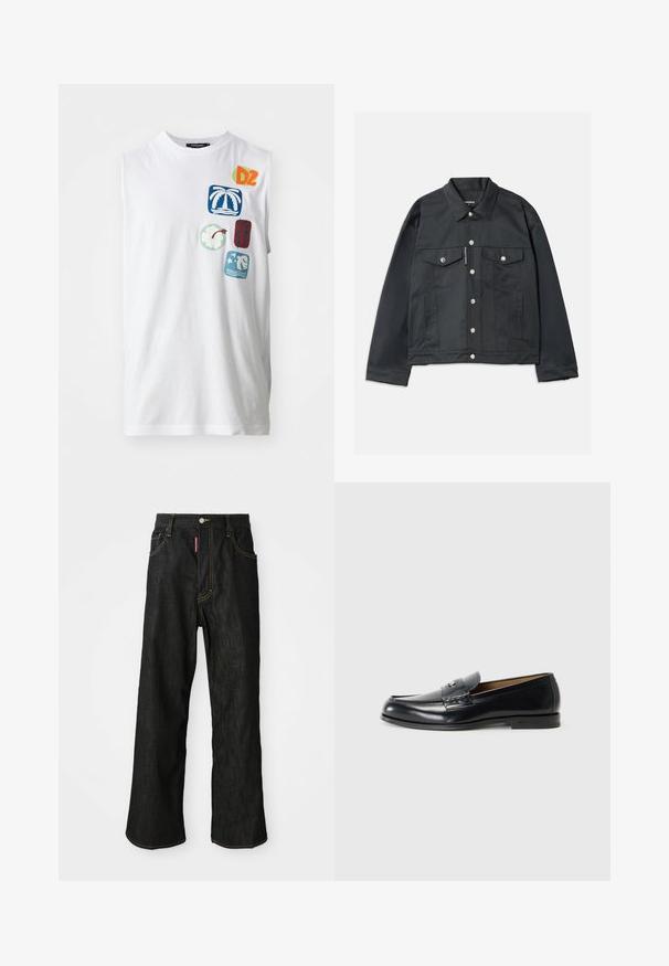 Black denim jacket featuring a button-up front, two chest pockets with flaps, silver hardware, and a classic collar. Smooth texture, cropped fit.; White sleeveless cotton t-shirt featuring colorful graphic patches, including palm trees, flowers, and abstract designs in blue, green, and red.; Black straight-leg jeans with yellow stitching, five-pocket design, button closure, and a small red tag on the front right pocket.; Leather loafers in black with a smooth finish, rounded toe, decorative stitching, and a small metal accent on the front.