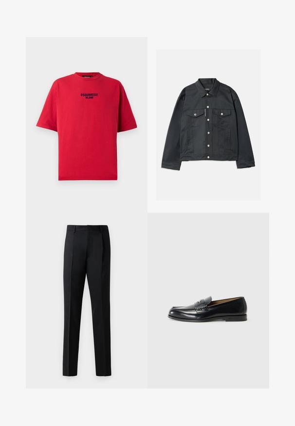 Musta farkkutakki, jossa on napitettavuus edessä, kaksi rintataskua läpillä, hopeiset yksityiskohdat ja klassinen kaulus. Sileä rakenne, lyhyt malli.; Punainen puuvillapaita, jossa on pyöreä kaula-aukko, lyhyet hihat ja musta painettu logo, jossa lukee "DSQUARED2 MILANO" edessä.; Mustat viralliset housut, jotka on valmistettu sileästä kankaasta, suoranlahkeiset, etupleiteillä varustetut ja tavanomainen vyötärö ilman koristeita.; Nahka loaferit mustana, jossa on sileä pinta, pyöreä kärki, koristeelliset tikkaus ja pieni metallikoriste edessä.