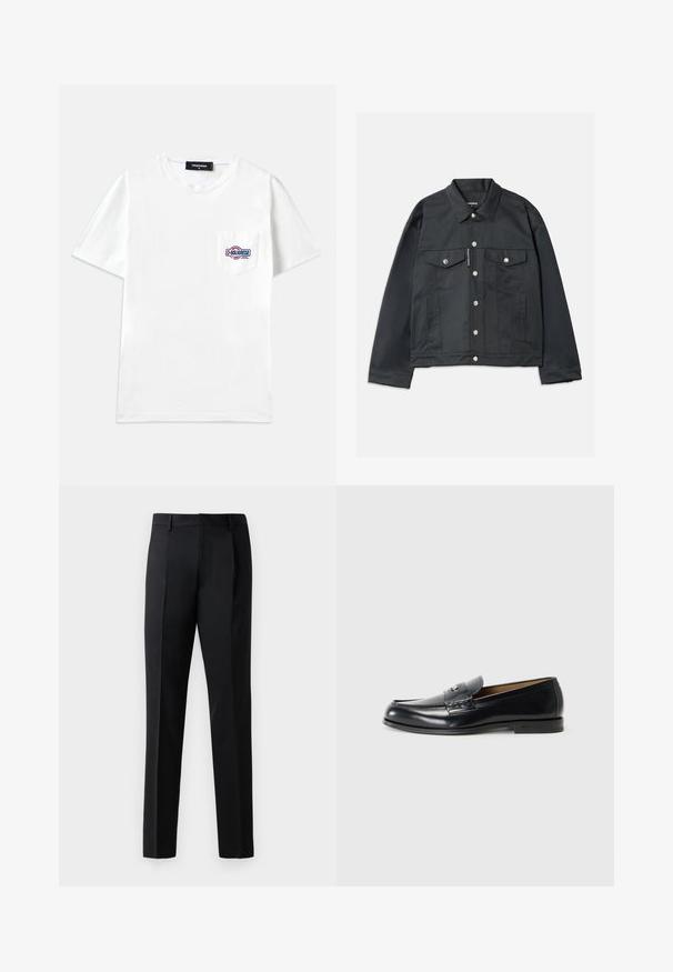 Μαύρο τζάκετ από τζιν με κουμπιά μπροστά, δύο τσέπες στο στήθος με καπάκια, ασημένια αξεσουάρ και κλασικό γιακά. Λείο υλικό, κοντή εφαρμογή.; Λευκό βαμβακερό t-shirt με κοντά μανίκια, στρογγυλή λαιμόκοψη, που διαθέτει αριστερή τσέπη στο στήθος και πολύχρωμες κεντημένες λεπτομέρειες με λογότυπο.; Μαύρο επίσημο παντελόνι από λείο ύφασμα, με ίσια γραμμή, πτυχές μπροστά και κανονική μέση χωρίς διακοσμήσεις.; Δερμάτινα loafers σε μαύρο χρώμα με λεία υφή, στρογγυλή μύτη, διακοσμητική ραφή και μικρή μεταλλική λεπτομέρεια στο μπροστινό μέρος.
