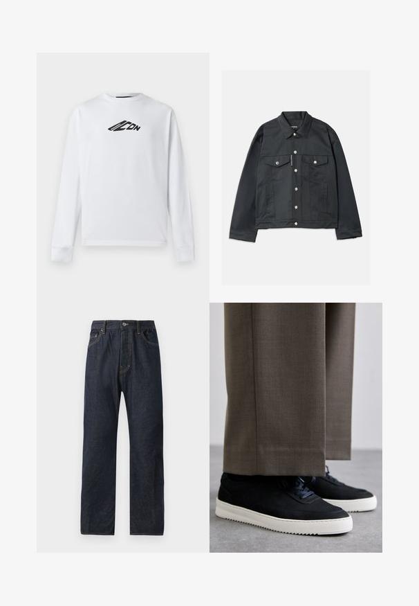 Čierna džínsová bunda s gombíkovým zapínaním vpredu, dvoma náprsními vreckami s klopami, striebornými prvkami a klasickým golierom. Hladká textura, skrátený strih.; Biely dlhý rukáv mikina z bavlny s čiernym logom na prednej strane a rebrovanými manžetami. Klasický okrúhly výstrih.; Tmavomodré denimové džínsy s rovnými nohavicami, obsahujúce päť vreciek, jemné prešívanie a gombíkový uzáver na páse.; Čierne semišové tenisky s bielymi gumovými podrážkami, s okrúhlym prstom a šnúrkami, nosené s šedými vypracovanými nohavicami.