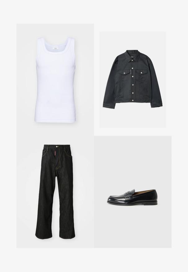 Giacca in denim nera con bottoni frontali, due tasche sul petto con patta, minuteria argentata e colletto classico. Texture liscia, vestibilità corta.; Canottiera bianca in cotone senza maniche con scollatura rotonda, caratterizzata da una texture liscia e una vestibilità aderente, progettata per l'abbigliamento casual.; Jeans neri a gamba dritta con cuciture gialle, design a cinque tasche, chiusura con bottone e un piccolo etichetta rossa sulla tasca anteriore destra.; Mocassini in pelle neri con finitura liscia, punta rotonda, cuciture decorative e un piccolo dettaglio metallico sul davanti.