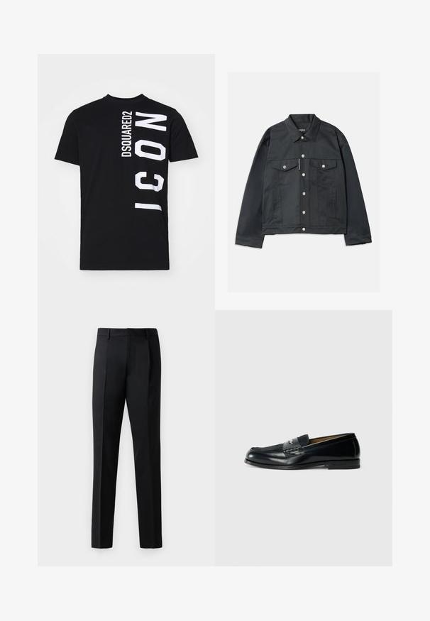 Black denim jacket featuring a button-up front, two chest pockets with flaps, silver hardware, and a classic collar. Smooth texture, cropped fit.; Black cotton t-shirt featuring bold white text design: "DSQUARED2" vertically and "ICON" horizontally on the side. Classic round neckline.; Black formal trousers made of a smooth fabric, featuring a straight leg design, front pleats, and standard waistband without embellishments.; Black leather loafer with textured upper, braided accent, and smooth finish. Low profile heel and minimalistic design.