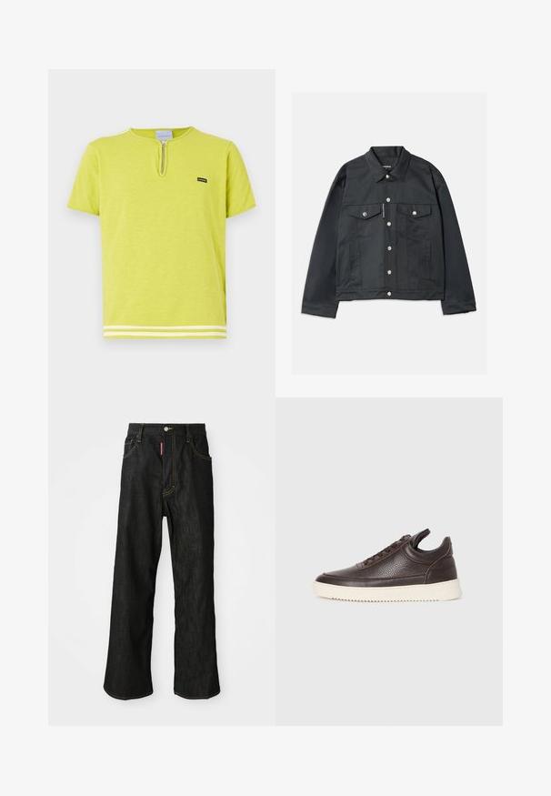 Črna kavbojka jakna z zapenjanjem na gumb, dvema žepoma na prsih s poklopcem, srebrnimi zakovicami in klasičnim ovratnikom. Gladka tekstura, skrajšan kroj.; T-shirt svetlo zelene barve, izdelan iz mehkega materiala, ki ima zadrgo na vratu, kratke rokave in bele črtaste poudarke na robu.; Črne ravne hlače z rumenim šivom, pet žepov, gumbno zapiranje in majhna rdeča oznaka na sprednjem desnem žepu.; Temno rjava textured usnjena superga z vezalkami in belim rebrastim gumijastim podplatom na enostavni svetli podlagi.