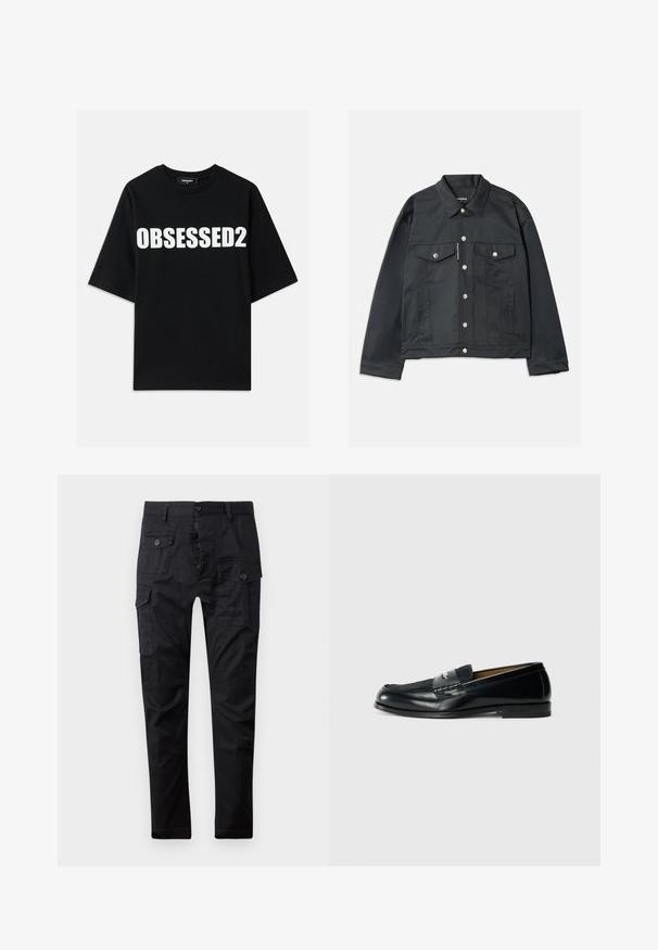 Crna traper jakna s gumbima sprijeda, dvije prednje džepove s preklopima, srebrnim dodacima i klasičnim ovratnikom. Glatka tekstura, skraćeni kroj.; Crna pamučna majica s velikim bijelim natpisom "OBSESSED2" sprijeda, okruglim izrezom i kratkim rukavima. Standardni kroj s glatkom teksturom.; Crne cargo hlače izrađene od izdržljivog materijala, s višestrukim džepovima, dugmetom za zatvaranje i ravnim krojem. Glatka tekstura i mat završna obrada.; Crni kožni loafers s teksturiranim gornjim dijelom, pletenim detaljem i glatkim završetkom. Niska potpetica i minimalistički dizajn.