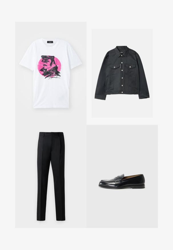 Juodas džinsinis švarkas su mygtukų užsegimu, dviem krūtinės kišenėmis su dangteliais, sidabro spalvos detalėmis ir klasikinio stiliaus apykakle. Lygus audinys, sutrumpintas siluetas.; Balta medvilnės marškinėliai su juodu piešiniu, vaizduojančiu vyrą su kepure priešais rožinį apskritą foną su pažeidimų efektu.; Juoda formalus kelnės, pagamintos iš lygaus audinio, su tiesiomis kojomis, priekinėmis raukšlėmis ir standartine liemene be papuošimų.; Juoda odinė loaferių pora su lygaus paviršiaus, apvalia nosimi, dekoratyvine siūle ir maža metaline detale priekyje.