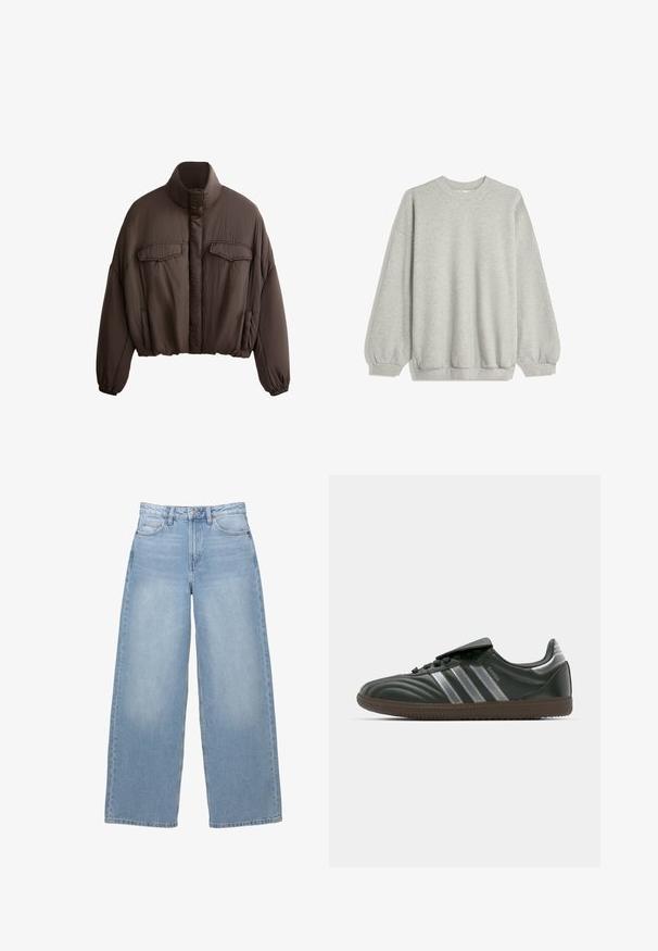 Brązowa krótka kurtka z wysokim kołnierzem, teksturowany materiał, dwie przednie kieszenie i elastyczne mankiety dla dopasowanego kroju. Czysty design z minimalnymi akcentami.; Szara bluza z miękkiego materiału, z okrągłym dekoltem, długimi rękawami z elastycznymi mankietami oraz luźnym krojem. Bez wzorów i akcentów.; Jasnoniebieskie, szerokie dżinsy wykonane z denimu. Posiadają wysoki stan, kieszenie z przodu oraz zapięcie na guzik. Gładka faktura z delikatnym cieniowaniem.; Czarne skórzane sneakersy ze srebrnymi paskami, teksturowana powierzchnia, okrągły nosek oraz brązowa gumowa podeszwa. Posiadają sznurowanie oraz wyściełany język.