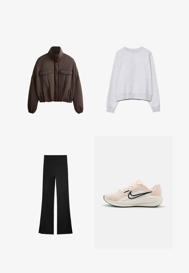 Brown cropped jacket with high collar, textured fabric, two front pockets, and elastic cuffs for a snug fit. Clean design with minimal accents.; Gray cropped sweatshirt in soft, textured fabric. Features long raglan sleeves and ribbed cuffs and hem. Simple, neutral design.; Black pants with a wide-leg design, featuring a high waistband and side slits for ease of movement. Made from a smooth, stretchy fabric.; Nike Performance DOWNSHIFTER 13 - Road running shoes - guava ice, armory,navy sail