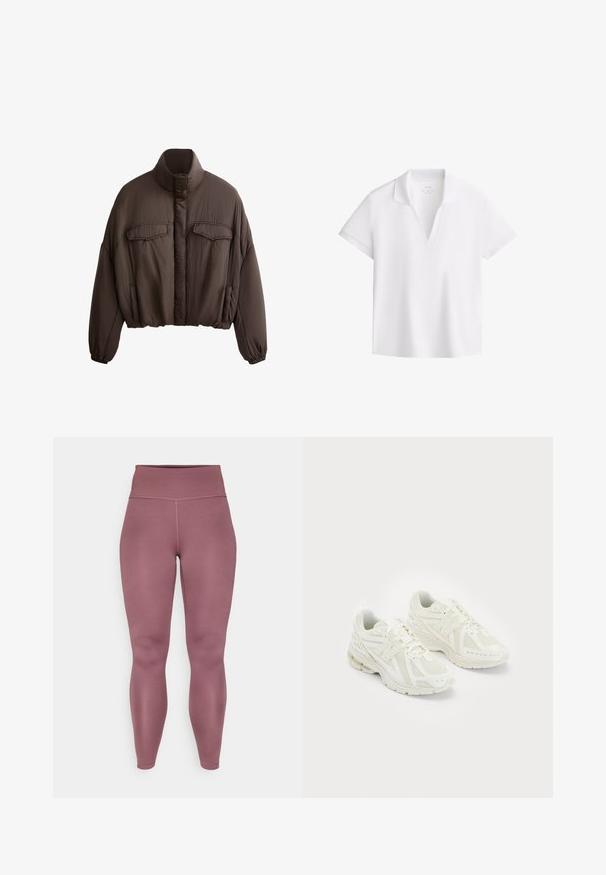 Jachetă scurtă maro cu guler înalt, dintr-un material texturat, două buzunare frontale și manșete elastice pentru o ajustare strânsă. Design curat cu accente minime.; Cămașă polo albă cu mâneci scurte și guler deschis în formă de V, fabricată dintr-un material neted, expusă pe un fundal alb.; Leggings mauve cu talie înaltă, fabricate dintr-un material elastic și neted, cu un design fără cusături și fără cusături vizibile pe picioare.; Pantofi sport albi confecționați din materiale din plasă și sintetice, design cu șireturi, guler căptușit și talpă texturată pentru aderență. Construcție ușoară.