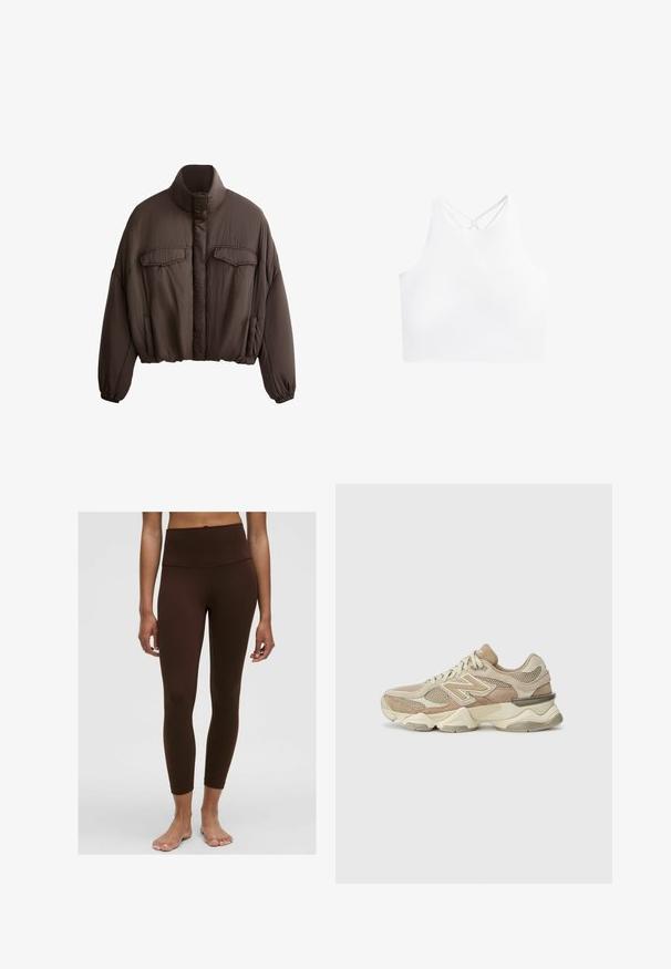 Brun cropped jakke med høj krave, tekstureret stof, to forlommer og elastiske manchetter for en tætsiddende pasform. Rent design med minimale detaljer.; Hvid atletisk crop top med høj halsudskæring og dobbelt krydset stropper på ryggen, der har en glat, strækbar stoftekstur.; Brune højtaljede leggings med en glat overflade, tætsiddende design og ankellang kant. Ingen synlige mønstre eller hardware-detaljer.; Beige sportsko i mesh og ruskind, rund tå, tykk sål og bemærkelsesværdige reflekterende detaljer på siden.