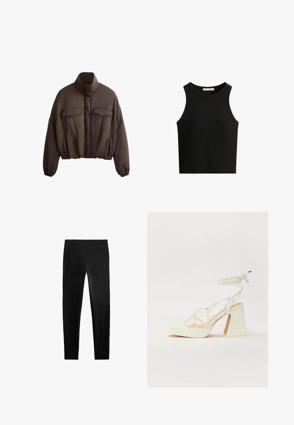 Brązowa krótka kurtka z wysokim kołnierzem, teksturowany materiał, dwie przednie kieszenie i elastyczne mankiety dla dopasowanego kroju. Czysty design z minimalnymi akcentami.; Czarny prążkowany top bez rękawów z okrągłym dekoltem i szerokimi wycięciami na ramionach. Materiał wydaje się miękki, a krój jest dopasowany.; Czarne legginsy wykonane z elastycznego materiału, z wysokim stanem, dopasowanym krojem i gładką fakturą, bez widocznych wzorów lub akcentów.; Biała sandał na wysokim obcasie z masywnym słupkiem, z paskowym wzorem i wiązaniem przy kostce. Gładka faktura z platformą z przodu dla dodatkowej wysokości.
