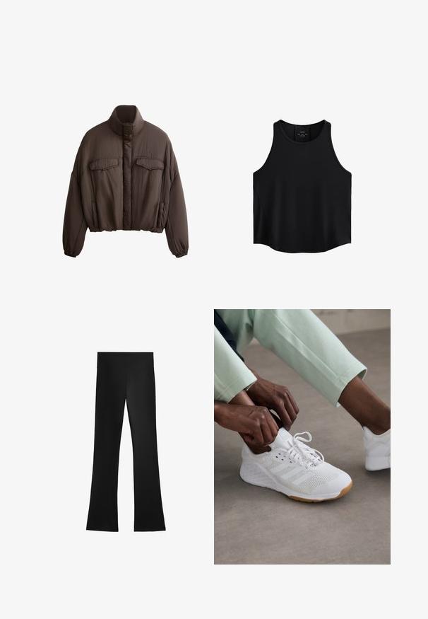 Braune cropped Jacke mit hohem Kragen, strukturiertem Stoff, zwei Fronttaschen und elastischen Bündchen für eine enge Passform. Reines Design mit minimalen Akzenten.; Schwarzes ärmelloses Top aus glattem Stoff, mit einem runden Ausschnitt, geradem Schnitt und seitlichen Einsätzen mit einer subtilen Textur.; Schwarze Schlaghose aus einem glatten, elastischen Stoff. Verfügt über einen hohen Bund und ein sauberes, minimalistisches Design ohne sichtbare Muster.; Weißer Sportschuh mit einem Mesh-Obermaterial, Gummisohle und einem Design mit drei Streifen. Die Schnürsenkel werden ajustiert; hellgraue und mintgrüne Kleidung ist sichtbar.