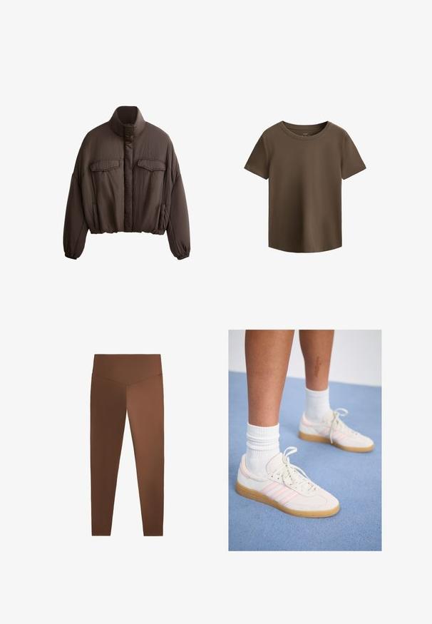 Hnedá skrátená bunda s vysokým golierom, textúrovaná látka, dve predné vrecká a elastické manžety pre pohodlné nosenie. Jednoduchý dizajn s minimálnymi akcentmi.; Hnedé tričko s krátkym rukávom vyrobené z mäkkej textílie, s okrúhlym výstrihom a rovnom lemom. Jednoduchý dizajn bez vzorov alebo akcentov.; Hnedé legíny s hladkou textúrou, vysokým pásom a zužujúcimi sa nohavicami, vyrobené z elastického materiálu. Bez vzorov alebo viditeľného hardvéru.; Biele a ružové semišové tenisky s tromi ružovými pruhmi, svetlohnedou gumovou podrážkou a bielymi rebrovanými ponožkami. Položené na modrom koberci.