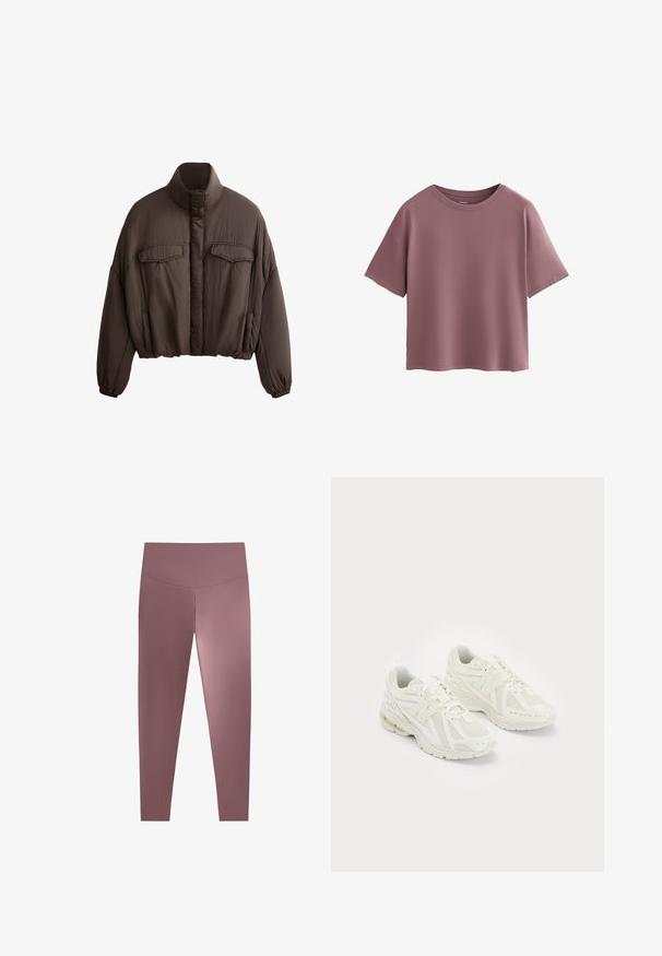 Rjava krajšana jakna z visokim ovratnikom, teksturirano blago, dvema sprednjima žepoma in elastičnimi manžetami za tesno prileganje. Čista zasnova z minimalnimi dodatki.; Majica s kratkimi rokavi, ohlapnega kroja v pomirjujoči mauve barvi. Mehka tkanina z okroglim izrezom in preprostim dizajnom, brez vzorcev ali okrasnih elementov.; Visoko pasovi, tesno prilagojeni legingi v zatišani mauve barvi, narejeni iz gladkega, raztegljivega materiala. Brezšivna zasnova brez vidnih komponent.; Beli športni copati iz mrežastih in sintetičnih materialov, z vezalkami, oblazinjenim ovratnikom in strukturiranim podplatom za oprijem. Lahka konstrukcija.