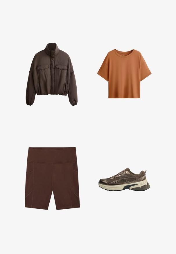 Brun cropped jakke med høj krave, tekstureret stof, to forlommer og elastiske manchetter for en tætsiddende pasform. Rent design med minimale detaljer.; Kortærmet, boxy t-shirt i en rustfarve. Lavet af glat stof med en bred udskæring og afslappet pasform, med en ren kant.; Brune sports-shorts lavet af glat stof, med høj talje, sidelommer og kontrasterende syninger.; Brun atletiksko med meshnupper, metallic akcenter, tyk hvid mellemsål og struktureret sort sål. Har snører og en træktab.