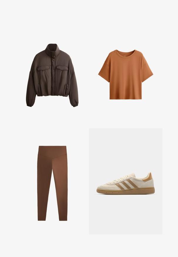 Jachetă scurtă maro cu guler înalt, dintr-un material texturat, două buzunare frontale și manșete elastice pentru o ajustare strânsă. Design curat cu accente minime.; Tricou cu mânecă scurtă, de tip boxy, într-o culoare ruginie. Fabricat dintr-un material neted, cu un decolteu larg și un croi lejer, având un tiv curat.; Leggings maronii cu o textură netedă, talie înaltă și picioare conice, realizate dintr-un material elastic. Fără modele sau hardware vizibil.; Adidași bej din suedenă cu accente maronii deschise. Prezintă trei dungi maronii, talpă din cauciuc texturată și un design cu vârf rotund.