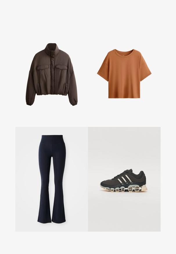 Rjava krajšana jakna z visokim ovratnikom, teksturirano blago, dvema sprednjima žepoma in elastičnimi manžetami za tesno prileganje. Čista zasnova z minimalnimi dodatki.; Majica s kratkimi rokavi v kvadratnem kroju v rjavi barvi. Narejena iz gladkega materiala z širokim izrezom in sproščenim krojem, s čistim robom.; Mornarske modre flare legice izdelane iz raztegljivega materiala z visokim pasom. Gladka tekstura in enobarvna, brez vidnih vzorcev ali dodatkov.; Črne športne čevlje z teksturiranim zgornjim delom, tremi srebrnimi črtami in značilno blažilno podplatom, ki vključuje več integriranih delov.