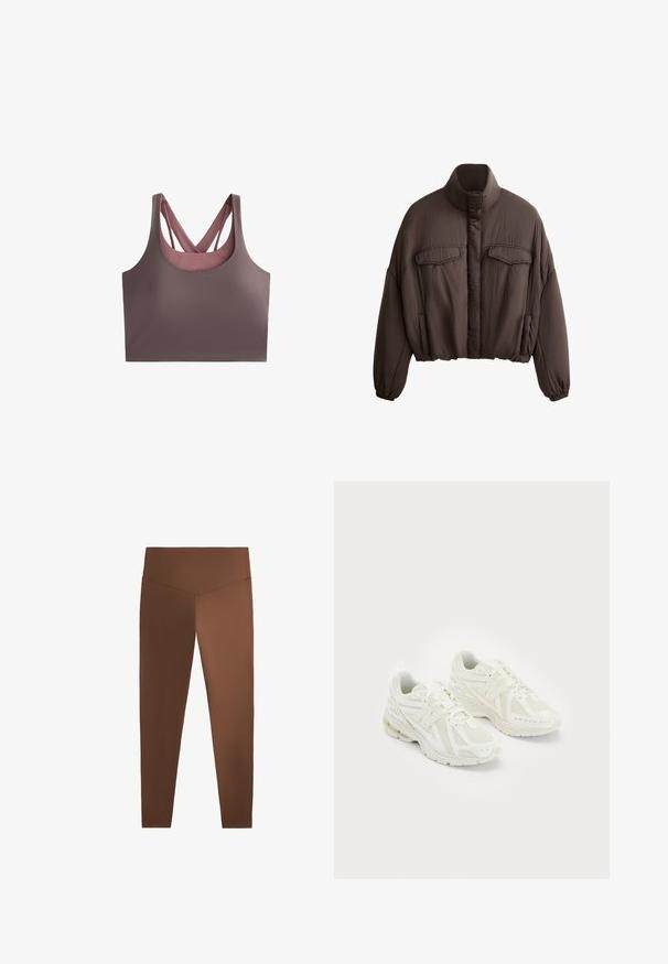 Jachetă scurtă maro cu guler înalt, dintr-un material texturat, două buzunare frontale și manșete elastice pentru o ajustare strânsă. Design curat cu accente minime.; Top din dantelă într-o nuanță mauve, cu un design de tip racerback și curele intersectate. Fabricat dintr-un material neted și elastic. Formă minimalistă și finisaj fără cusături.; Leggings maronii cu o textură netedă, talie înaltă și picioare conice, realizate dintr-un material elastic. Fără modele sau hardware vizibil.; Pantofi sport albi confecționați din materiale din plasă și sintetice, design cu șireturi, guler căptușit și talpă texturată pentru aderență. Construcție ușoară.
