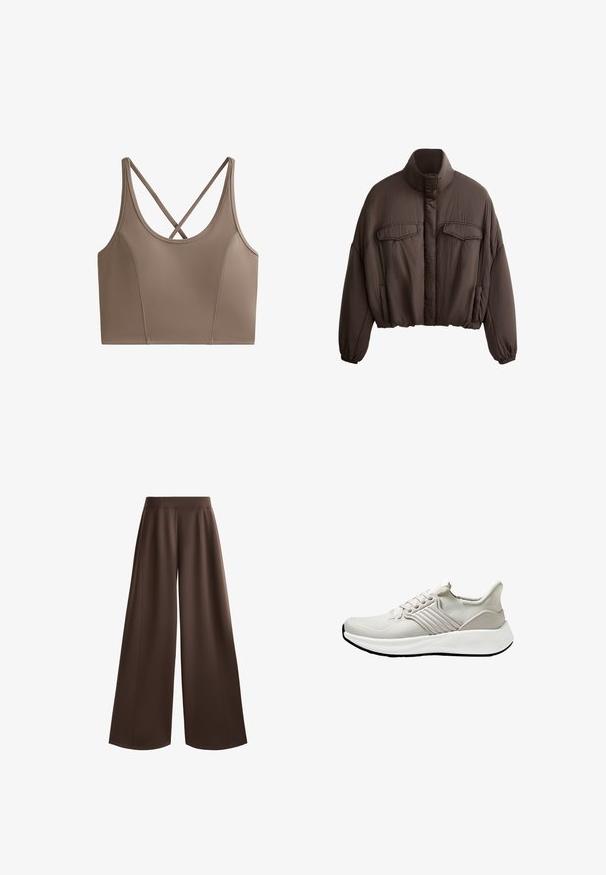 Brown cropped jacket with high collar, textured fabric, two front pockets, and elastic cuffs for a snug fit. Clean design with minimal accents.; OYSHO EVERMOVE - Top - brown; Wide-leg trousers in a solid dark brown color, featuring a smooth texture, high waist, and front pleats for added design detail.; Lightweight athletic shoe in beige mesh material with a textured finish, featuring a white sole and tonal side accents. Simple lace-up design.