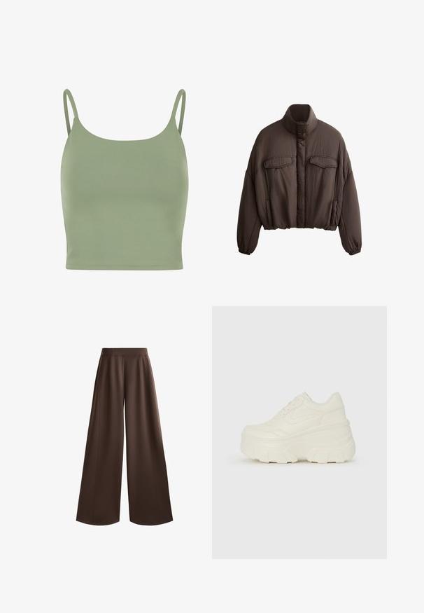Brun cropped jakke med høj krave, tekstureret stof, to forlommer og elastiske manchetter for en tætsiddende pasform. Rent design med minimale detaljer.; Olivengrøn, tætsiddende camisole top med tynde stropper, glat tekstur og en rund halsudskæring, designet til komfort og lag-på-lag påklædning.; Bredde bukser i en ensfarvet mørkebrun farve, med en glat tekstur, høj talje og frontfolder for ekstra designdetalje.; Hvide platform sneakers med en glat læderlignende overdel, rund form, polstret krave og struktureret gummisål med definerede riller.