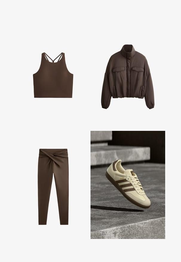 Jachetă scurtă maro cu guler înalt, dintr-un material texturat, două buzunare frontale și manșete elastice pentru o ajustare strânsă. Design curat cu accente minime.; Crop top athletic maro, cu o textură netedă, având un guler înalt și curele împletite pe spate pentru un suport suplimentar.; Colanți maronii cu un detaliu în față răsucit, realizați dintr-un material neted și elastic, cu un design ajustat și fără aplicații.; Pantof sport de culoare crem cu accente maro, dungi texturate pe lateral și finisaj din piele netedă. Are design cu șireturi și talpă din cauciuc.