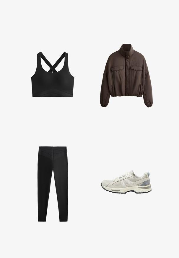 Rjava krajšana jakna z visokim ovratnikom, teksturirano blago, dvema sprednjima žepoma in elastičnimi manžetami za tesno prileganje. Čista zasnova z minimalnimi dodatki.; Črn športni modrček s križnimi naramnicami, gladke teksture in širokim trakom z videzom chevron vzorca na spodnjem delu.; Črne športne legice z gladko teksturo, ki imajo širok pas in diogonalni teksturni vzorec blizu pasu za dodaten oblikovalski detajl.; Bež atletski čevelj z zgornjim delom iz teksturirane mrežice in gladkimi poudarki. Ima oblazinjen podplat, ojačan prstni del in črni gumijasti podplat.