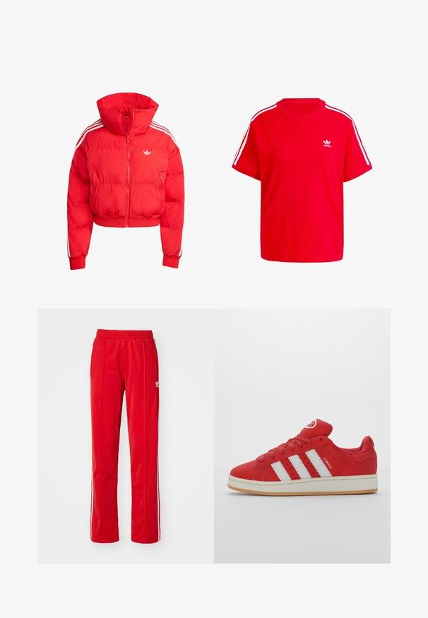 Red puffer jacket with a high collar, cropped design, front zip, white side stripes, and logo on the chest. Made from lightweight material.; Red cotton t-shirt with a round neckline, short sleeves, white three-stripe accents on shoulders, and a small white logo on the chest.; Red track pants with an elastic waistband, side pockets, and white side stripes. Made of lightweight, smooth fabric. Features logo detailing.; Red suede sneakers with three white stripes, rubber sole, rounded toe, and cushioned tongue, featuring "CAMPUS" detail on the side.