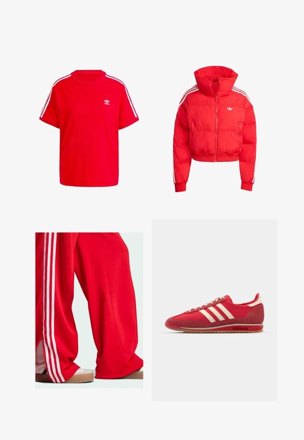 Red puffer jacket with a high collar, cropped design, front zip, white side stripes, and logo on the chest. Made from lightweight material.; Red cotton t-shirt with a round neckline, short sleeves, white three-stripe accents on shoulders, and a small white logo on the chest.; Red track pants with white stripes along the sides, featuring a loose fit and zipper detail at the hem. Worn with light-colored athletic shoes.; Red athletic sneaker with a textured upper, three white stripes, round toe, and a rubber sole with logo detailing on the side.