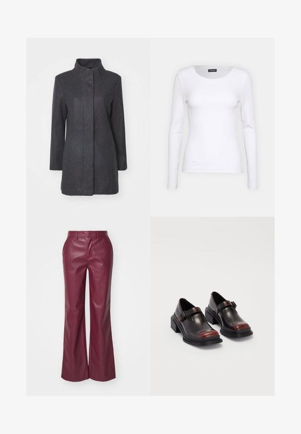 Manteau en laine gris charcoal avec un col haut, des manches longues et une coupe droite. Présente un design épuré et minimaliste sans fermetures visibles.; T-shirt à manches longues blanc côtelé avec un col rond. Fabriqué en un tissu extensible qui épouse le corps. Présente de fines lignes horizontales.; Pantalons évasés en cuir bordeaux avec une texture lisse, passants de ceinture et poches avant ; coupe ajustée avec un design taille haute.; Chaussures à talons carrés en cuir avec une finition bordeaux foncé brillante, dotées d'une sangle avec boucle et d'un design à bout arrondi. Semelle texturée pour une meilleure adhérence.