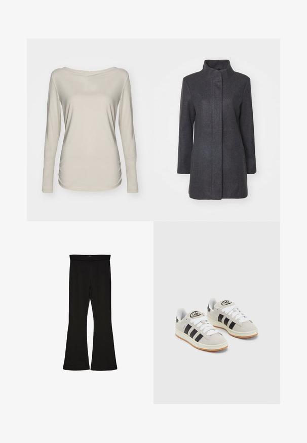 Kamenno siva volnena plašč s visokim ovratnikom, dolgimi rokavi in ravnim krojem. Ima čist, minimalističen dizajn brez vidnih zapiranj.; Beige majica s dolgimi rokavi, ki ima širok čolnasti izrez, narejena iz lahkotnega materiala z gladko teksturo in prilegajočim krojem.; Črne flare leggings iz raztegljive tkanine. Imajo širok pas in gladko teksturo, s prilegajočo silhueto, ki se na robu razširi.; Sive športne čevlje iz semiša z belimi vezalkami, črnimi črtami in belim gumijastim podplatom. Imajo okroglo oznako na ježku in podplat iz gume.