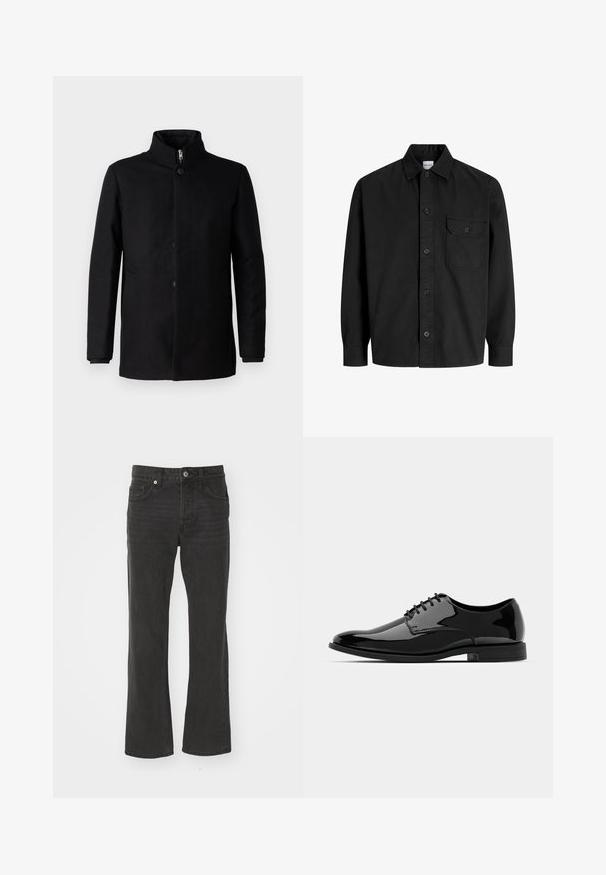 Musta takki, joka on valmistettu sileästä kankaasta. Ominaisuuksina korkea kaulus, etunapit ja sivutaskut. Yksinkertainen, virtaviivainen muotoilu.; Mustapaita, jossa on pitkät hihat, napitus, kaulus ja yksi rintatasku nappisuljennalla.; Musta suora lahkeinen farkut, valmistettu denimestä, jossa on klassinen viiden taskun muotoilu ja metalliosat. Sileä rakenne, jossa on hieman joustoa.; Musta patentoitu mokkanahkakengät pyöreällä varpalla, nauhakuormausmalli ja sileä, kiiltävä pinta. Varustettu matalaprofiilisella kumipohjalla.