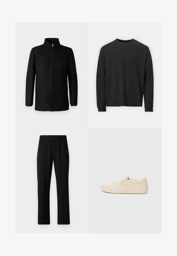 Svart frakk laget av stoff med en jevn tekstur. Har høy krage, frontknapper og sidelommer. Enkelt, strømlinjeformet design.; Langermet svart T-skjorte laget av bomull, med rund hals, løs passform og ribbestrikkede mansjetter. Glatt tekstur uten synlige mønstre.; Svart, elastisk midjebukser med rett ben-design, med en glatt tekstur og uten synlige mønstre eller maskinvare.; Beige slip-on sko laget av lerret med gummisåle. Har elastiske sidepaneler og en jevn tekstur. Enkelt, avrundet design.