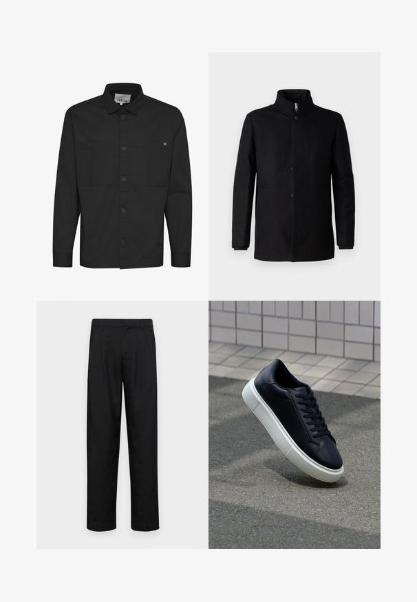 Abrigo negro hecho de una tela de textura suave. Cuenta con un cuello alto, botones delanteros y bolsillos laterales. Diseño simple y aerodinámico.; Camisa negra de manga larga con un frente abotonado, dos bolsillos en el pecho y un cuello puntiagudo. Fabricada con una tela suave de acabado mate.; Pantalones negros de tela suave, con un diseño de pierna recta, dos pliegues frontales y una cintura estándar con trabillas para el cinturón.; Zapatilla de cuero negro con punta redonda y suela de goma blanca. Presenta cordones planos y un mínimo de costuras en la parte superior. Suela texturizada para proporcionar agarre.