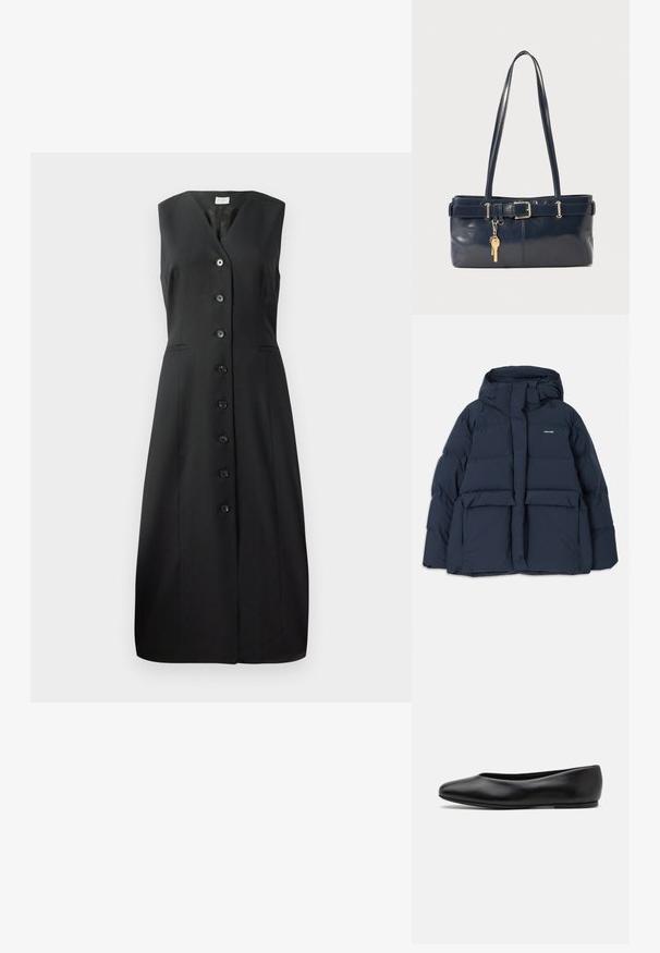 Jachetă puffer bleu marin cu glugă, având două buzunare frontale, închidere cu fermoar și secțiuni texturate cu matlasare. Design ușor.; Rochie neagră fără mâneci, cu decolteu în formă de V, șapte nasturi pe față și două buzunare laterale; țesătură netedă și design ajustat.; Paul Smith TOPANGA - Balerini - black; Geantă de piele bleumarin cu două mânere lungi, detaliu cu cataramă și un breloc atașat. Are o textură netedă și o formă rectangulară.