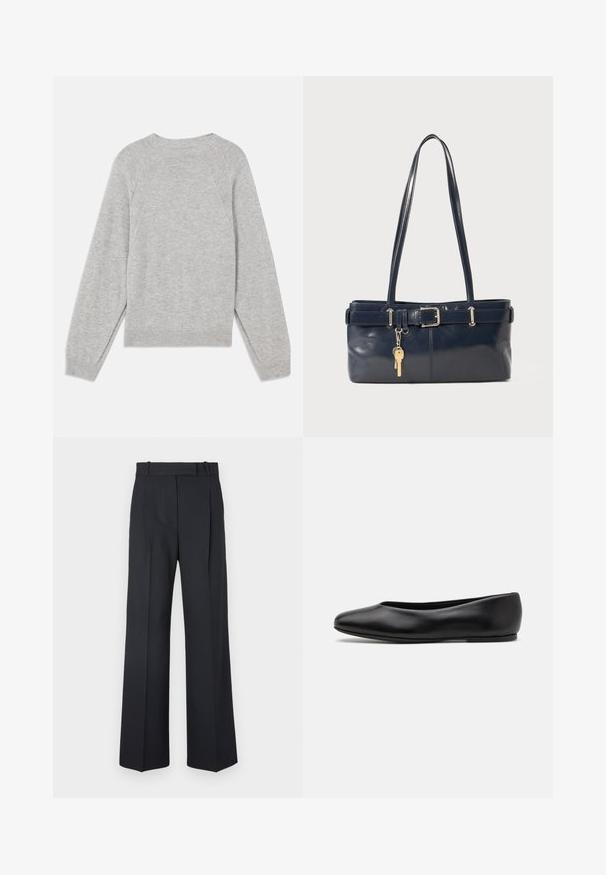 Marineblaue Steppjacke mit Kapuze, ausgestattet mit zwei Fronttaschen, einem Reißverschluss und strukturierten, gesteppte Abschnitten. Leichtes Design.; Helles graues Sweatshirt aus weichem Stoff, mit langen Raglanärmel, Rundhalsausschnitt und gerippten Bündchen und Saum. Einfaches, nahtloses Design.; Dunkelblaue Nadelstreifenhosen mit hoher Taille, weit geschnittenem Bein und ohne sichtbare Beschläge oder Verzierungen. Glatte Textur und taillierte Passform.; Paul Smith TOPANGA - Klassischer Ballerina - black; Marineblaue Lederhandtasche mit zwei langen Griffen, einer Schnallen-Detailierung und einem daran befestigten Schlüsselanhänger. Besitzt eine glatte Textur und eine rechteckige Form.