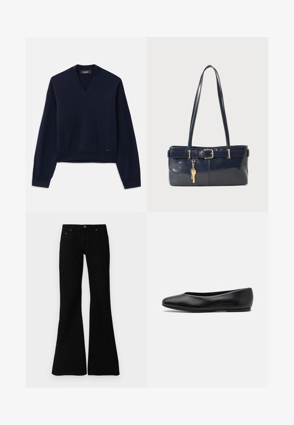 Navy blue puffer jacket with a hood, featuring two front pockets, a zippered closure, and textured quilted sections. Lightweight design.; Navy blue, long-sleeve sweater with a V-neck design, crafted from a soft fabric. Features ribbed cuffs and hem, minimal branding at the bottom.; Black flared jeans made from denim, featuring a classic five-pocket design, button closure, and subtle stitching details along the seams.; Paul Smith TOPANGA - Ballet pumps - black; Navy leather handbag with two long handles, a buckle detail, and a keychain attached. Features a smooth texture and a rectangular shape.