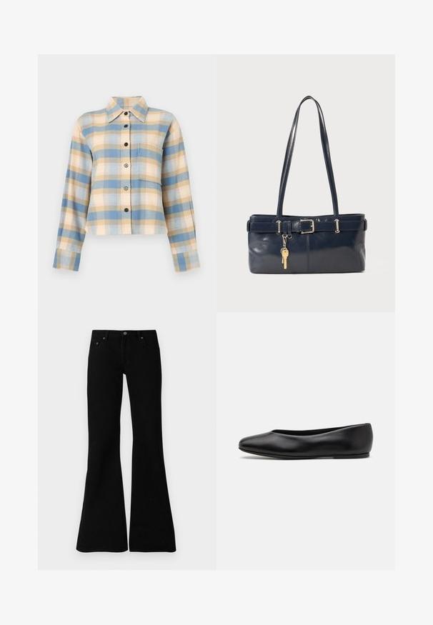 Navy blue puffer jacket with a hood, featuring two front pockets, a zippered closure, and textured quilted sections. Lightweight design.; Plaid shirt with a structured collar, featuring blue, beige, and pink check patterns, long sleeves, and black buttons down the front.; Black flared jeans made from denim, featuring a classic five-pocket design, button closure, and subtle stitching details along the seams.; Paul Smith TOPANGA - Ballet pumps - black; Navy leather handbag with two long handles, a buckle detail, and a keychain attached. Features a smooth texture and a rectangular shape.