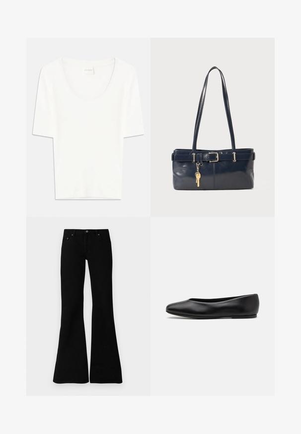 Casaco tipo puffer azul marinho com capuz, apresentando dois bolsos frontais, fecho com zip e secções acolchoadas texturizadas. Design leve.; T-shirt branca de manga curta com decote redondo. Feita de um tecido de algodão macio, apresenta um corte descontraído e um design minimalista.; Saias de ganga pretas, estilo flare, com um design clássico de cinco bolsos, fecho de botão e detalhes de costura sutis ao longo das costuras.; Paul Smith TOPANGA - Sabrinas - black; Bolsa de couro azul-marinho com duas alças longas, um detalhe de fivela e um porta-chaves anexado. Apresenta uma textura suave e uma forma retangular.